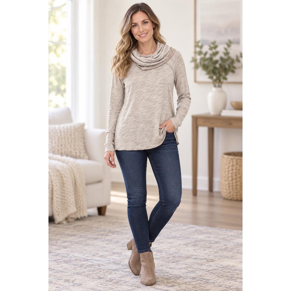 FP Beach Free People Oatmeal Space Dye Cowl Neck Raw Hem Cotton Top OS